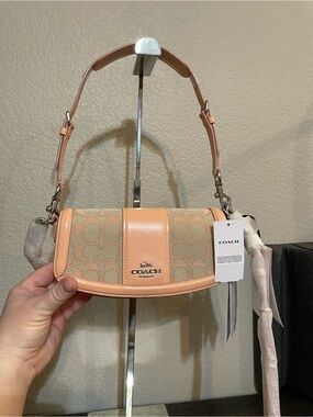 Coach Pink Signature Canvas Shoulder Bag with Leather Trim